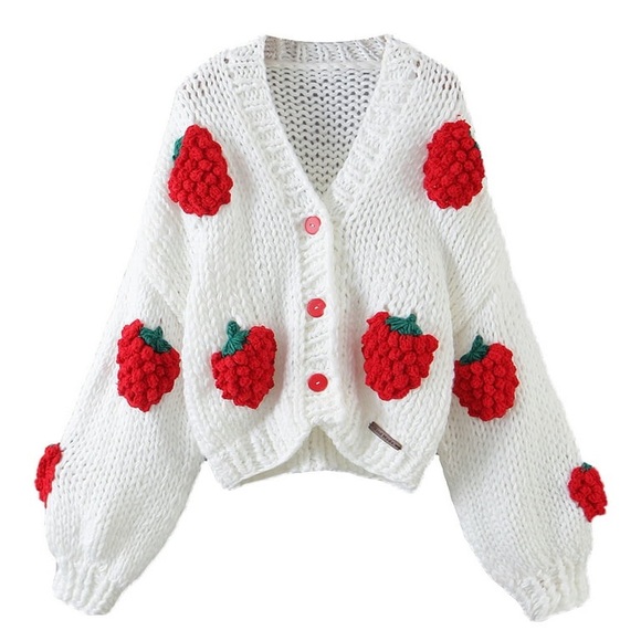 Oversized Crocheted Cardigan Sweater 3D Red Roses Chunky Knit Cream Button Down - Picture 3 of 3